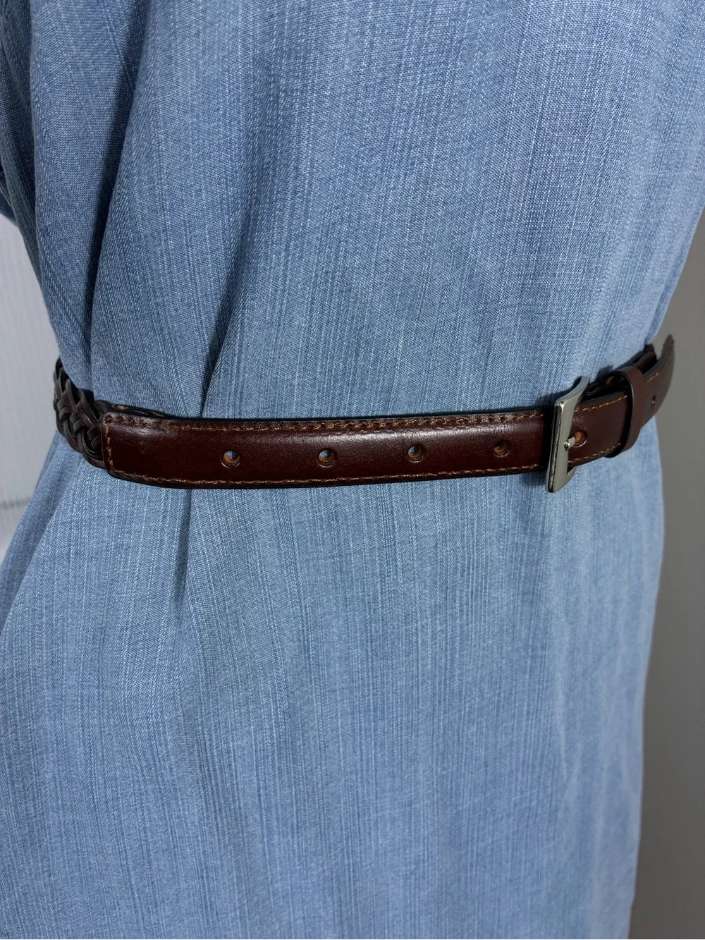 Plus Size Womens belt 50” long  Brown braided Leather with Silver Buckle